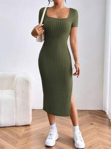 SHEIN PETITE Summer Casual Solid Short Sleeve Slit Bodycon Dress - Dark Green - View 1