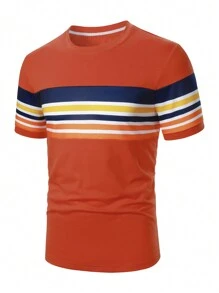 Manfinity Homme Men's Round Neck Colorblock Striped Print Short Sleeve T-Shirt - Multicolor - View 2