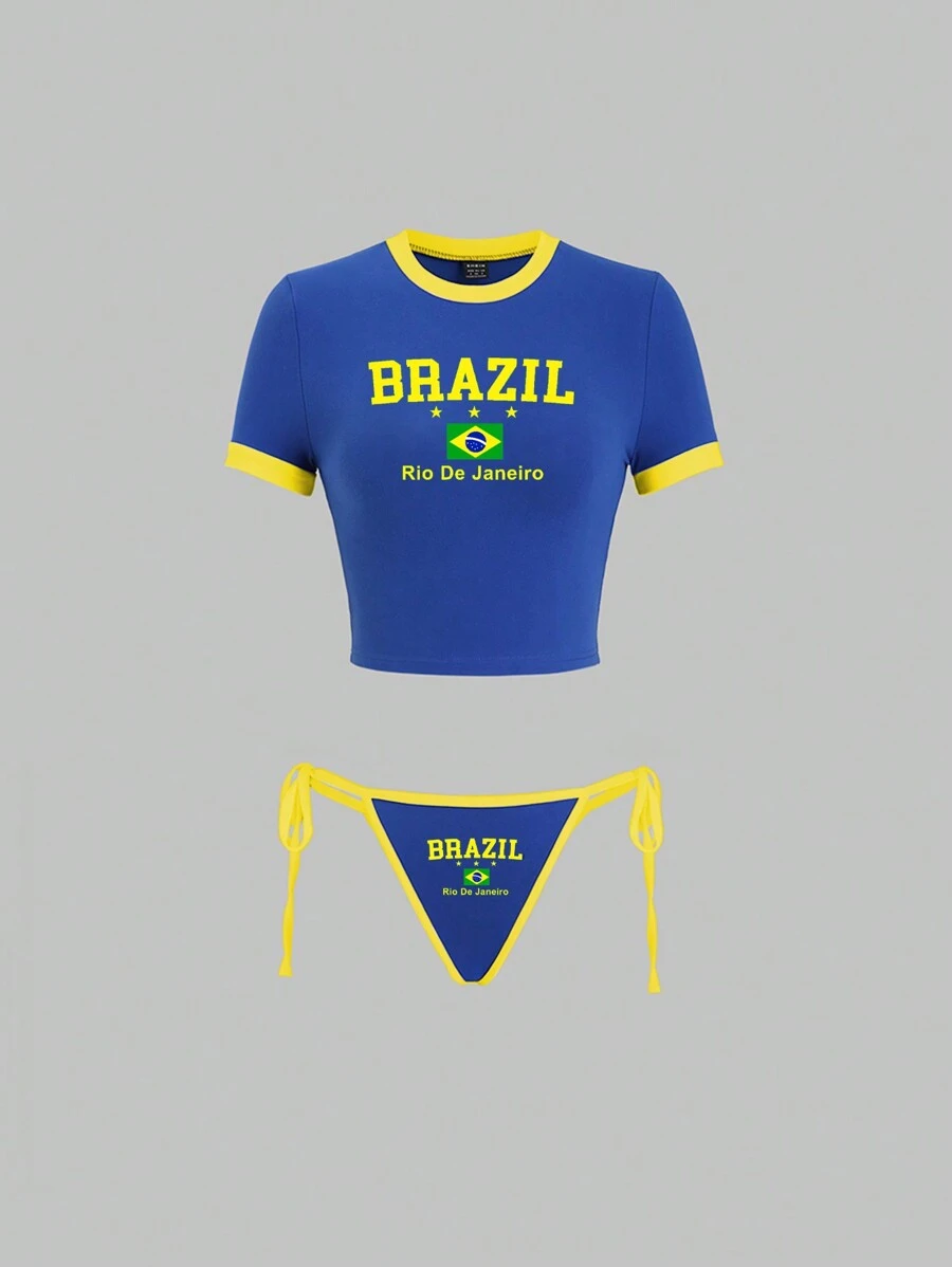 EgrlEra 1 套旗帜设计与字母印花撞色边饰圆领上衣和系带下装性感比基尼 - 寶藍色 - 查看 1