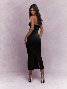 MISSGUIDED 平纹针织扭结胸背开衩下摆露肩抹胸中长连衣裙 - 黑色 - 查看 2