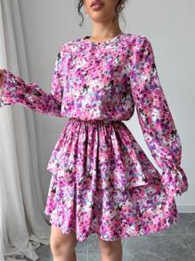 Chiquease Váy babydoll dáng chữ A rộng rãi cổ chữ V họa tiết hoa - Màu tím - Xem 5