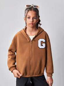 SHEIN Tween Girls' Loose Casual Letter Print Hoodie Jacket - Khaki - View 3