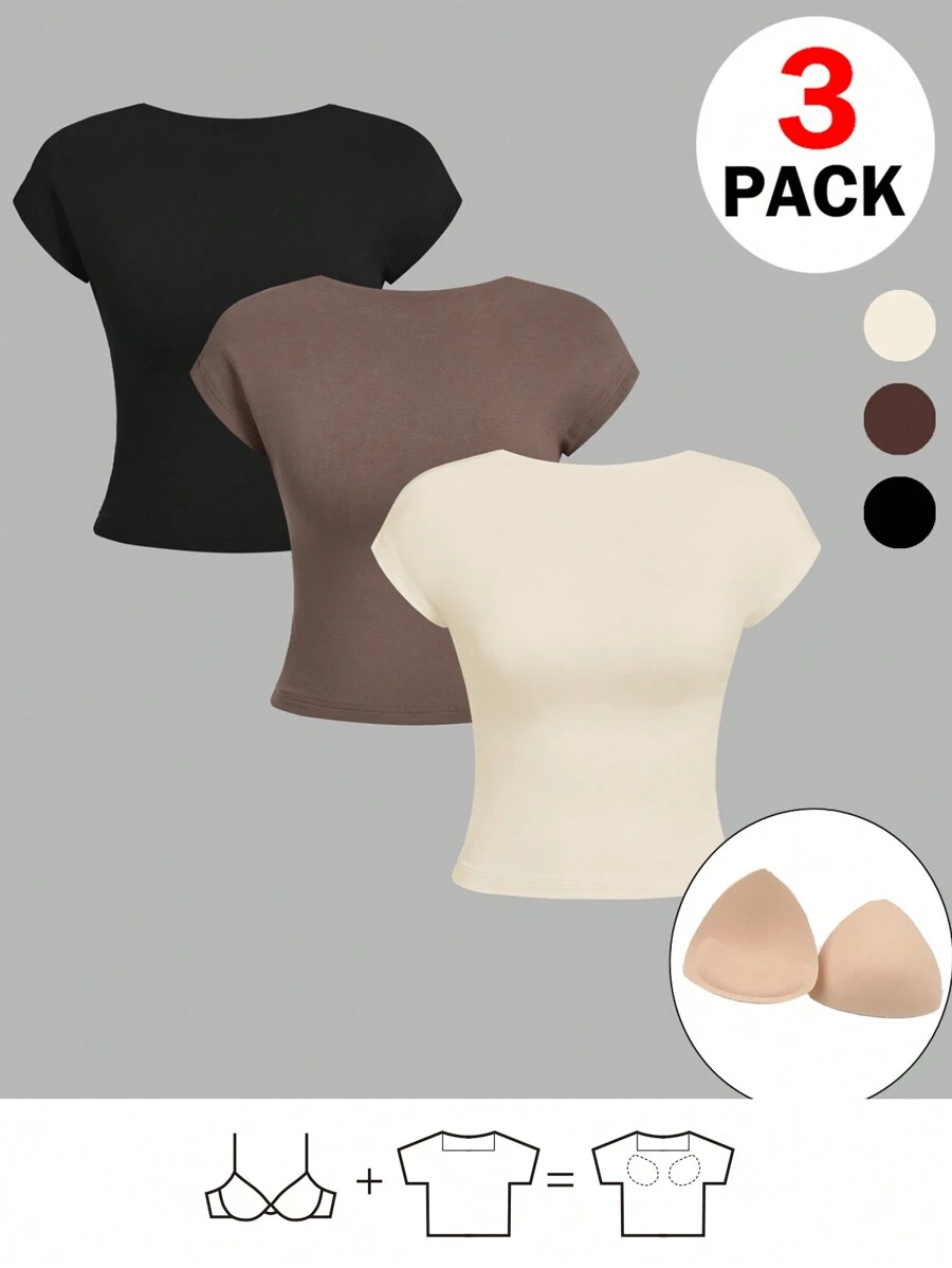 SHEIN Essnce 女士夏季休闲针织纯色短袖内置胸罩露背 T 恤夏季女士上衣机场装夏季 T 恤基本款 T 恤无胸罩 T 恤加垫胸杯 T 恤，3 件 - 杏色 - 查看 1