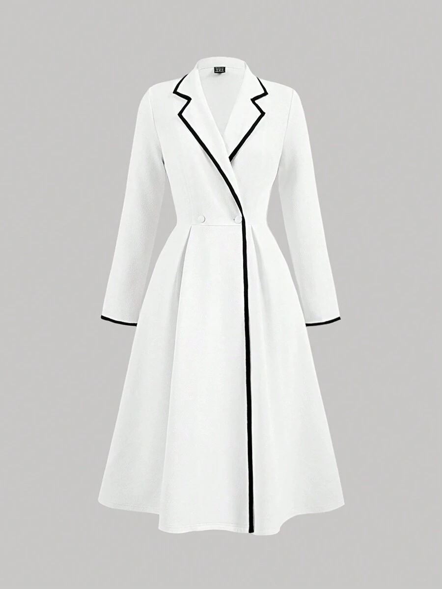 SHEIN MOD Vestido Blazer Branco de Manga Longa com Recorte Preto, Cruzado, Vestido de Mulher para Outono/Inverno, Vestido Formal, Casual de Negócios para Mulheres, Estilo Anos 90, Festa de Boas-Vindas, Moda Coreana, Roupa de Escritório, Renascença, Estilo Old Money - Preto e Branco - Visão 1