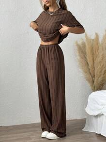 SHEIN EZwear 女士条纹宽松T恤和裤子套装 - 棕色 - 查看 3
