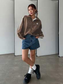 DAZY 女士新款休闲撞色条纹常规夹克，秋季 - 咖啡棕 - 查看 3