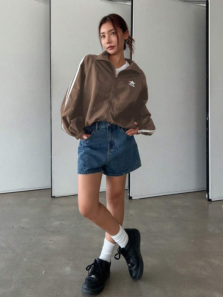 DAZY Chaqueta regular de mujer nueva y casual con rayas de contraste, otoño - Café integral - Añade 3