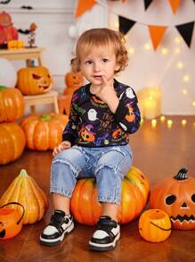 Baby Jungen Süßes Langarm Sweatshirt mit Kürbis- und Geistermotiv, geeignet für Foto-Shootings und Partys im Herbst/Winter