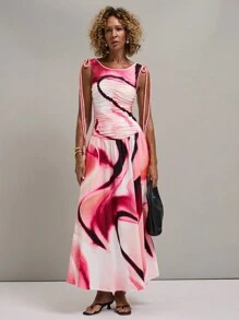 SHEIN Unity Women's Summer Fashionable Tie-Dye Ruched Sleeveless Dress - Multicolor - View 3