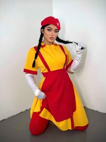 Flirla Halloween Cosplay Two Broke Girls Graphic Crop Dress, Suitable For Bar, Fastfood Job Uniform, Performance Outfit - Multicolor - View 1