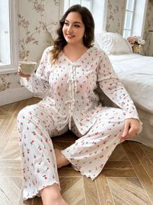 Conjunto de pijama de manga larga con lazo y estampado floral diminuto - Multicolor - Ver 1