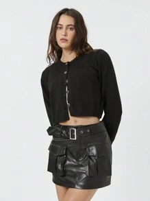 SHEIN EZwear 时尚 PU 皮革 A 字型迷你裙，带多个口袋，秋冬款 - 黑色 - 查看 3