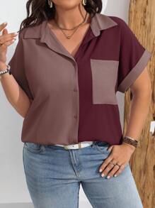 Vionelle Plus Size Women's Color Block Simple Daily Short Sleeve Shirt, For Summer