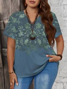 EMERY ROSE Summer Casual Vintage Pattern V-Neck Fitted Plus Size Women T-Shirt