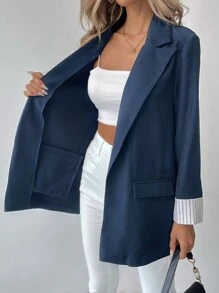 SHEIN Clasi 条纹袖口撞色翻领西装外套 - 粉色 - 查看 5
