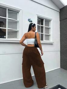 Flirla 大码纯色松紧腰带抽绳工装裤带饰边 - 棕色 - 查看 2