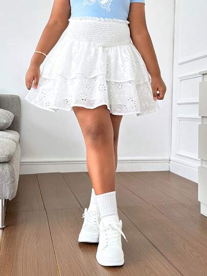 SHEIN Tween Girls Extended Size Loose Casual Double Layer Embroidered Fabric High Waist Skirt