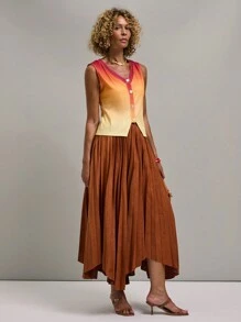 SHEIN Unity Women Solid Color Simple Everyday Pleated Skirt - Rust Brown - View 6