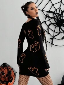 SHEIN Unity 女式万圣节卡通印花修身毛衣裙 - 黑色 - 查看 2