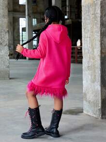 Tween Girls Street Style Thermal Lined Hooded Pullover Sweatshirt Dress, Fall/Winter - Hot Pink - View 4