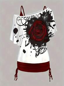 INAWLY 女士夏季时尚花卉印花拼色不对称领口二合一上衣 - 彩色 - 查看 1