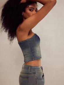 Forever 21 Women's Strapless Faded Denim Crop Top - Blue - View 3