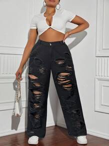 SHEIN SXY 大码复古破洞直筒牛仔裤 - 黑色 - 查看 3