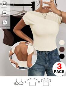 SHEIN Essnce 女士夏季休闲针织纯色短袖内置胸罩露背 T 恤夏季女士上衣机场装夏季 T 恤基本款 T 恤无胸罩 T 恤加垫胸杯 T 恤，3 件 - 杏色 - 查看 3