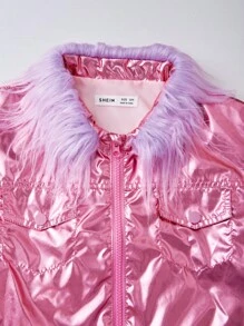 SHEIN Chaqueta brillante de PU con detalles de flecos para niñas preadolescentes, otoño - Rosa Oxidada - Ver 4
