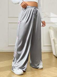 SHEIN EZwear Plus Size Women Solid Color Front Tie Bow Decor Casual Pants - Silver - View 5
