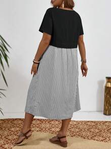 EMERY ROSE 大码夏季连衣裙乡村连衣裙拼色圆领短袖条纹女式夏季连衣裙 - 黑色 - 查看 2