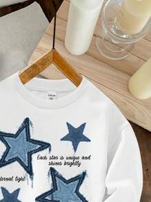 SHEIN Young Boys Casual Simple Pentagram Pattern Loose Crew Neck Comfortable Thickened Long Sleeve Sweatshirt, Suitable For Summer