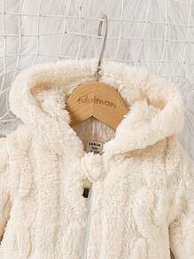 SHEIN Áo khoác lông cừu trùm đầu cho bé gái sơ sinh, thời trang thường ngày dày dặn ấm áp thoải mái thu đông 2024 - Màu be - Xem 5