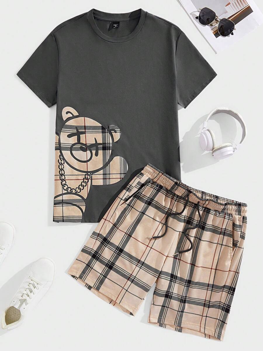 Manfinity RebelGame Bộ áo thun tay ngắn in họa tiết và quần short cho nam - Màu xám đen - Xem 1
