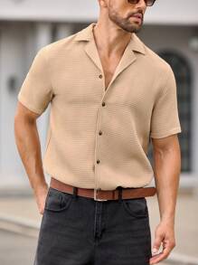 Manfinity VCAY Men's Slim Fit Solid Color Casual Stand Collar Short Sleeve Shirt, Suitable For Summer - Khaki - View 4
