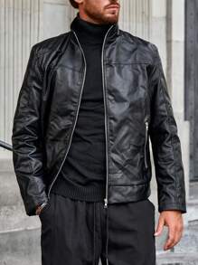 Manfinity Homme Áo khoác da dài tay thường ngày màu trơn có khóa kéo cho nam - màu đen - Xem 4