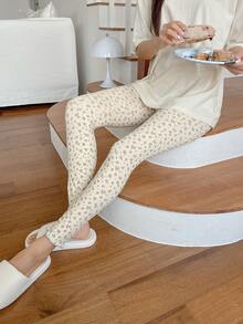 DAZY 碎花针织修身睡裤 - 杏色 - 查看 4