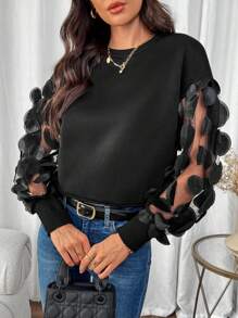 SHEIN Clasi Áo nỉ nữ kiểu dáng thường ngày, cổ tròn, phối lưới thêu họa tiết, thích hợp mặc mùa thu. - màu đen - Xem 5