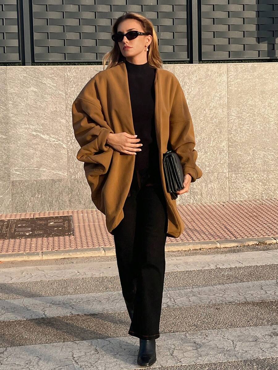 SHEIN Essnce Women's Bat Sleeve Medium-Length Coat, Murad Brown Coat Jacket, Wear Coat, Fall Women's Clothing, Women's Coat, American Retro, With Turtleneck Sweater Elegant And Stylish Going Out Wear, Fashionable Women's Clothing, 2024 Fall And Winter New Women's Clothing,Winter Women Coat - Brown - View 1