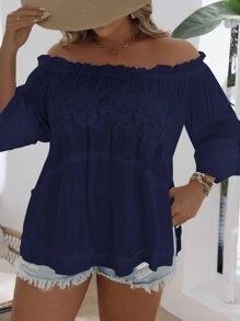 SHEIN VCAY 大码纯色露肩长袖简约休闲衬衫