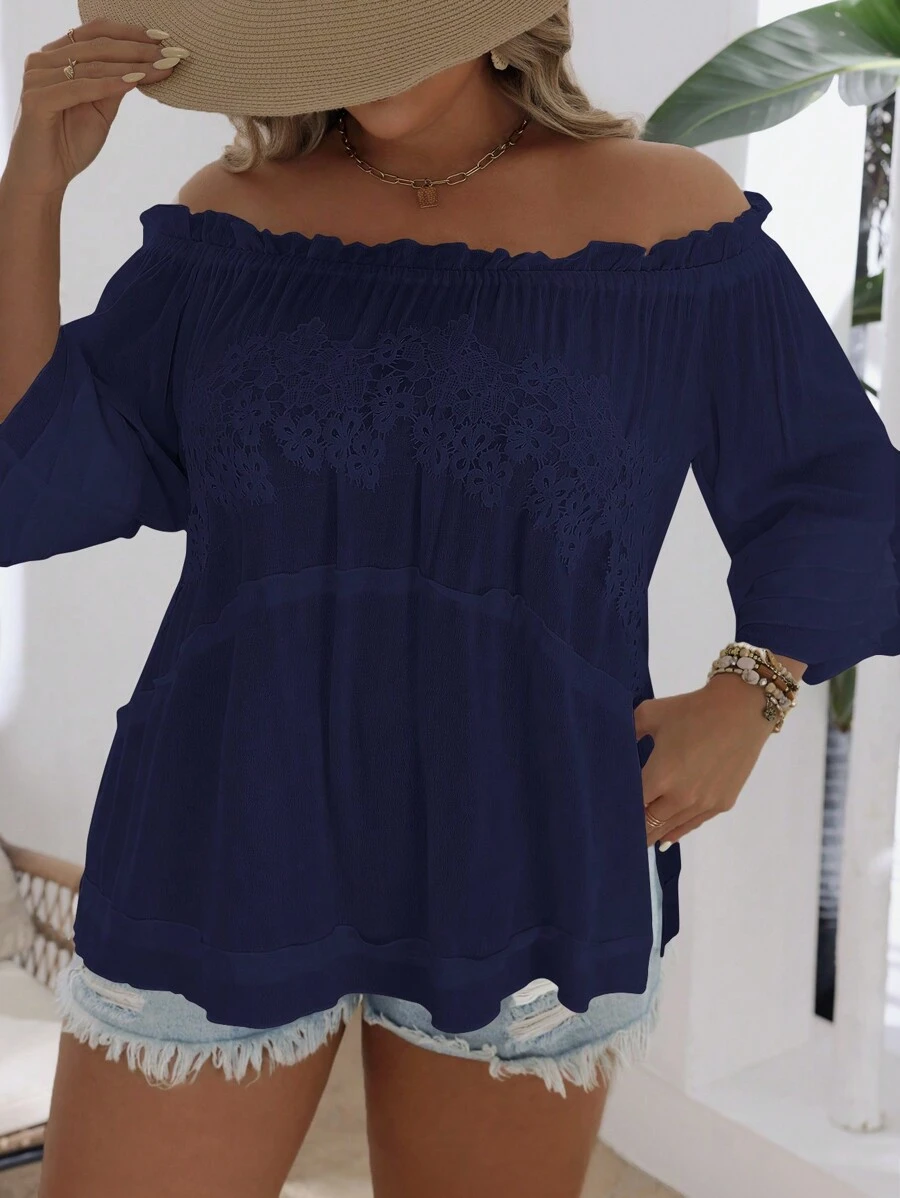 SHEIN VCAY 大码纯色露肩长袖简约休闲衬衫