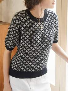 Knit Mix 优雅女士春夏时尚日常居家休闲通勤气质法式针织撞色图案短袖圆领罗纹边宽松套头T恤上衣，基础款返校复古春夏情侣装 - 黑色 - 查看 5