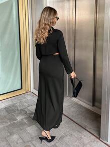 Chiquease Solid Button Front Long Sleeve Crop Blouse & Skirt - Black - View 2