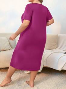 Plus Size Women Heart Print Round Neck Short Sleeve Nightgown, Moo Moo Night Dress - Hot Pink - View 2