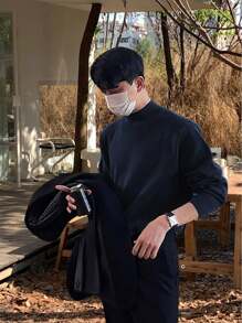 Claim Dot Men's Solid Color Crew Neck Long Sleeve Simple Knitted Sweater, Casual Daily Wear, Fall/Winter - Navy Blue - View 7