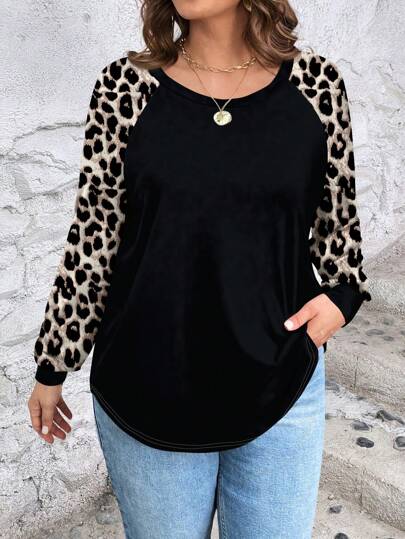 EMERY ROSE Plus Size Women Casual Loose Fit Leopard Print Raglan Sleeve Round Neck T-Shirt, Suitable For Fall/Winter