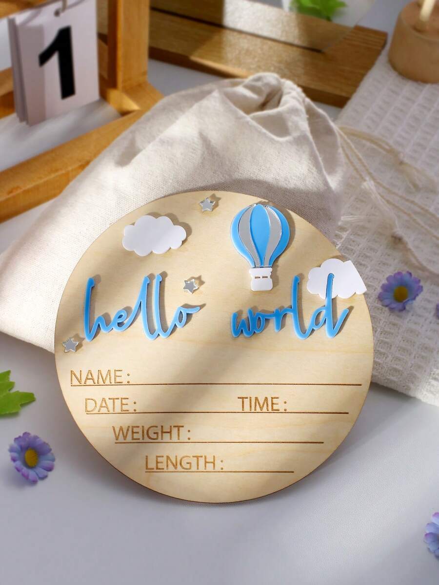 SHEIN Baby Boys Wooden Milestone Sign Plaque "Hello World" Birth Announcement - Multicolor - View 1