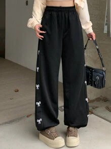 FRIFUL Women's Elastic Side Bow Print Casual Straight Relaxed Sweatpants Women Joggers
