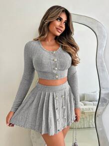 Zolique 2 件女式前扣长袖短款上衣和褶皱迷你裙休闲套装 - 灰色 - 查看 6