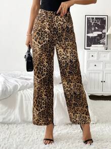 Chiquease Pantalon décontracté casual avec poches et imprimé léopard